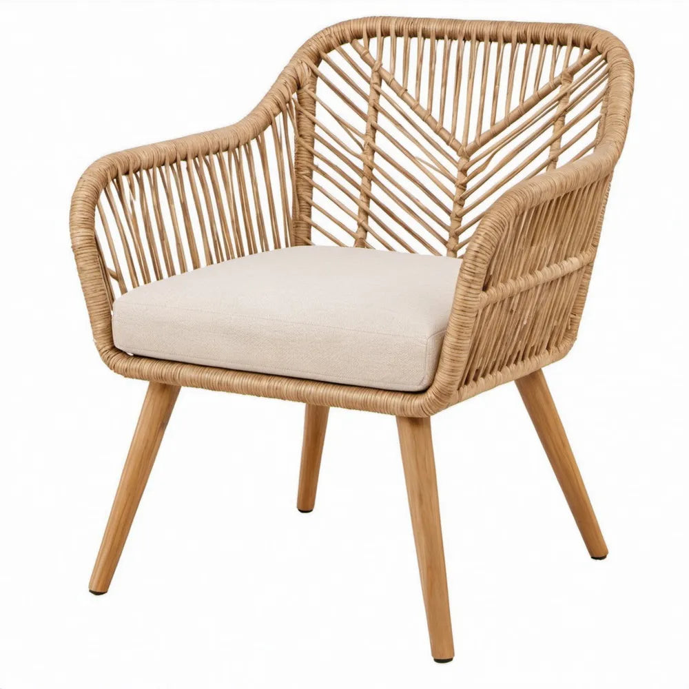 Rotan loungestoel met beige kussen, naturel, 72 x 65 x 80 cm
