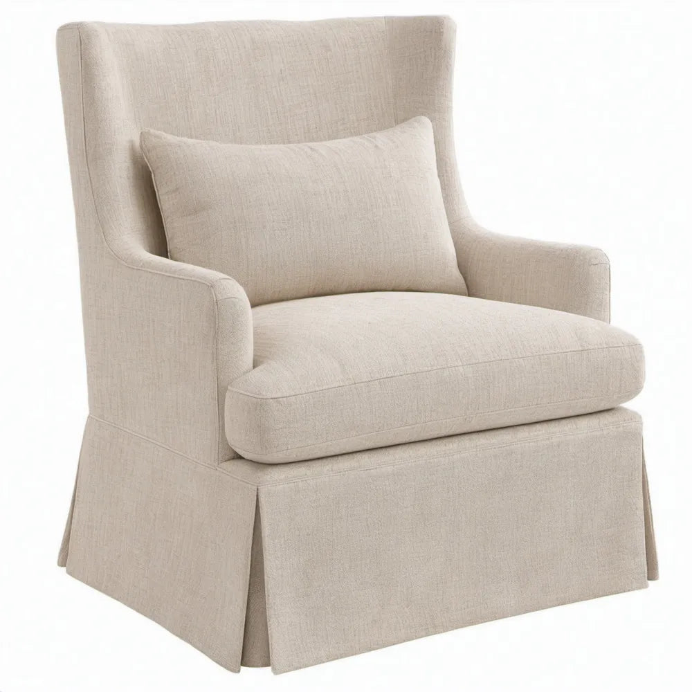 Beige oorfauteuil met los rugkussen en stoffen rok, 82 x 90 x 105 cm