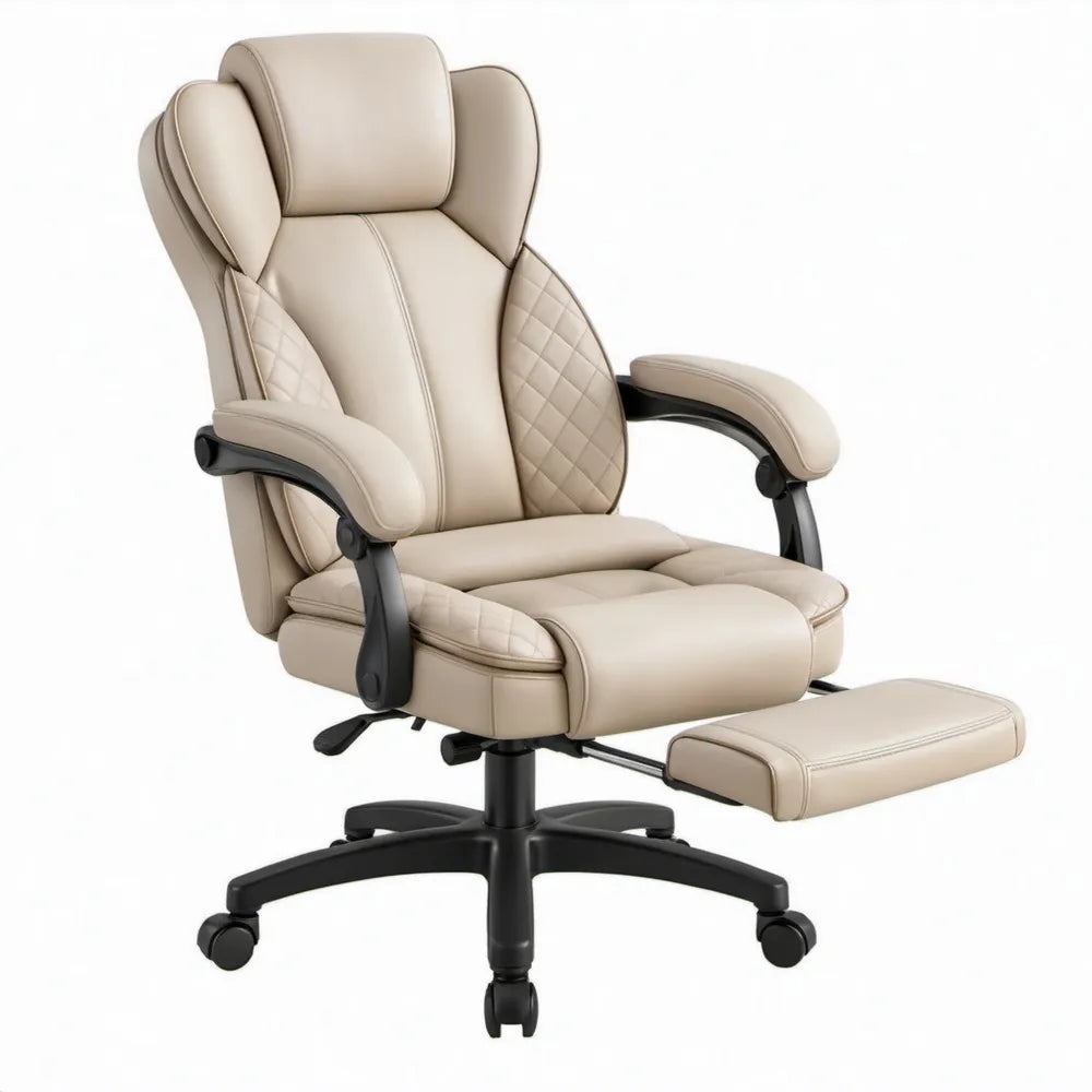 Beige bureaustoel met uitschuifbare voetensteun en hoge rugleuning, 70 x 70 x 118-128 cm