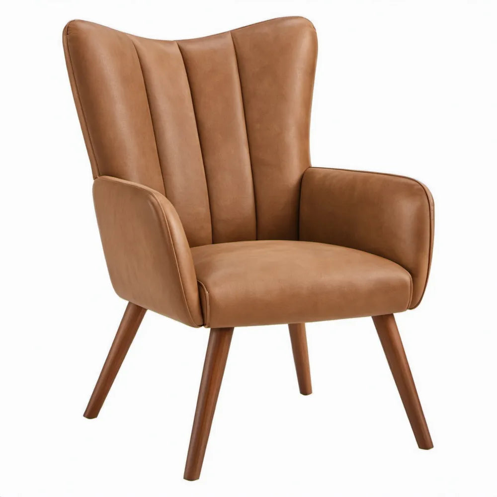 Cognacbruine fauteuil met hoge rugleuning en houten poten 75 x 82 x 103 cm