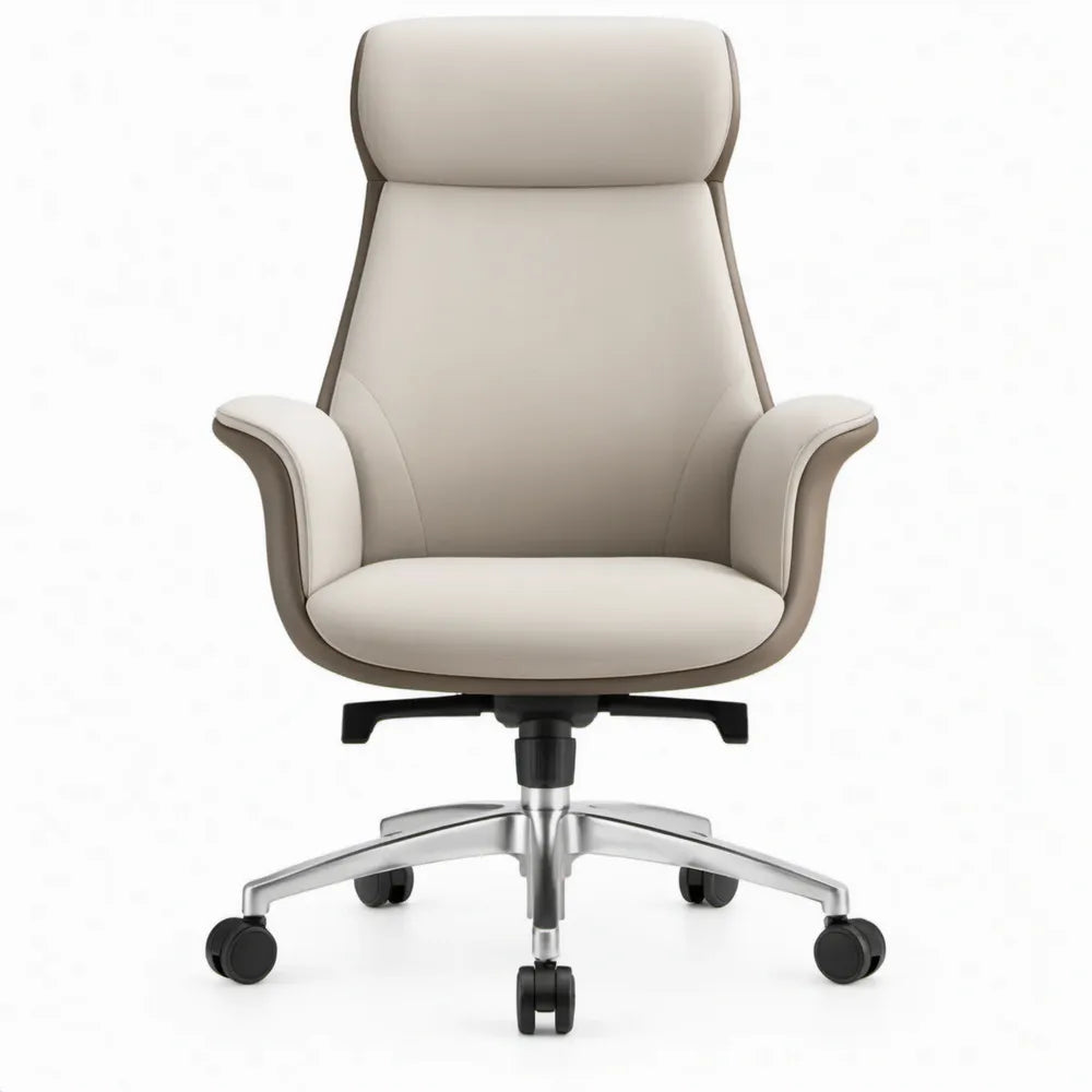 Ergonomische bureaustoel met hoge rugleuning en hoofdsteun, beige PU-kunstleer, 68 x 68 x 116-126 cm