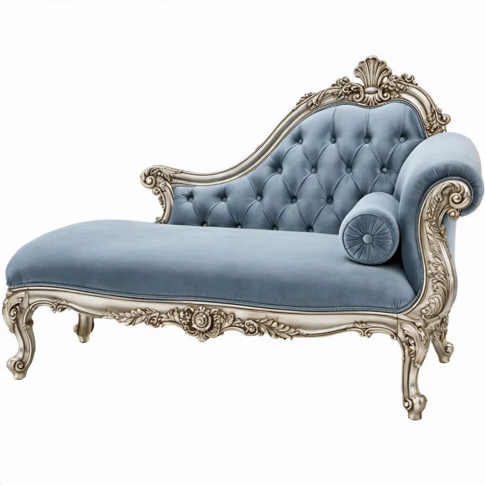 Klassieke ligbank met rechterarmleuning, lichtblauw fluweel en zilverkleurig houten frame, 170 x 75 x 105 cm