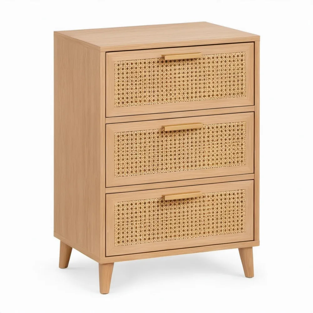 Ladekast met 3 laden, naturel eikenfineer en rattan, 80 x 40 x 100 cm