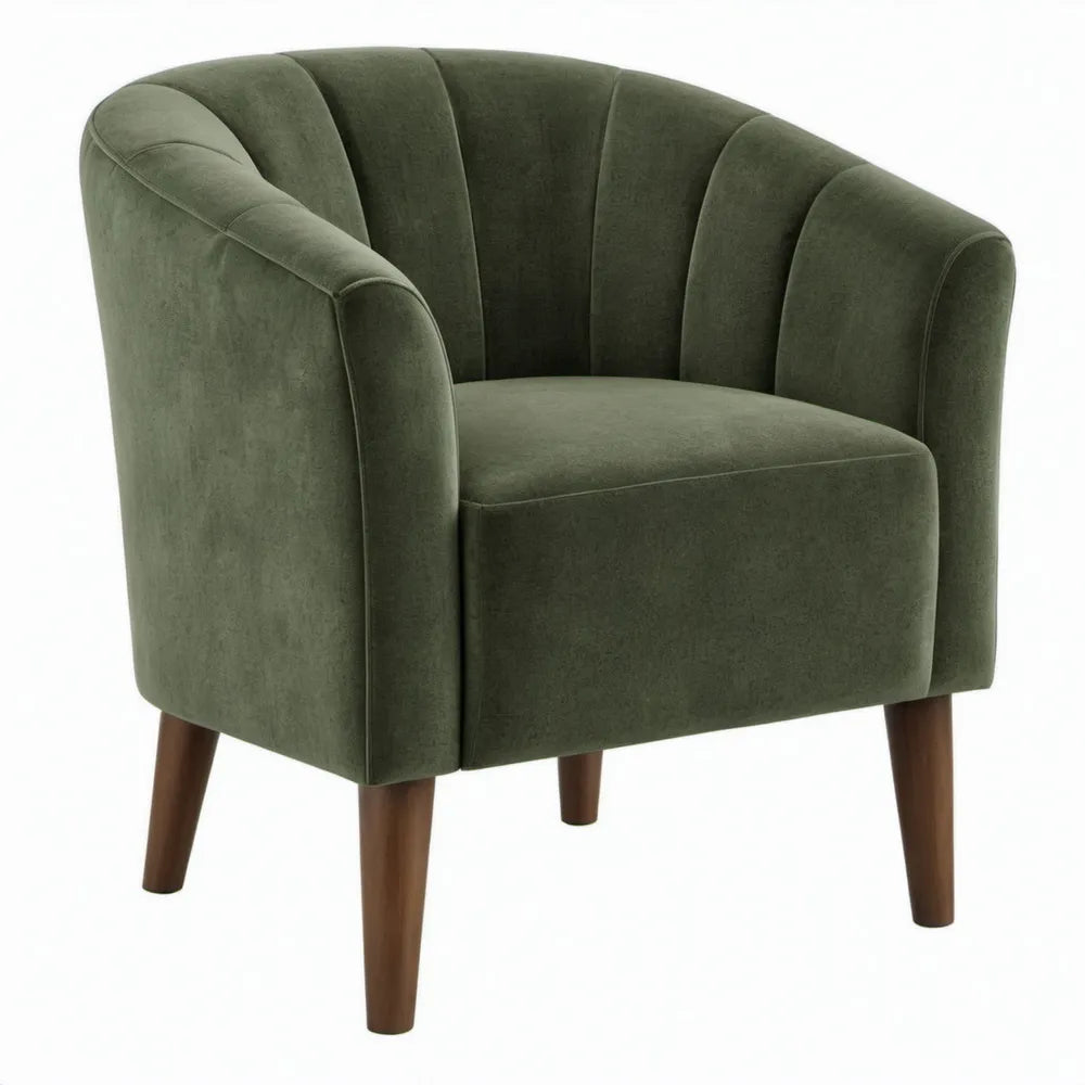 Olijfgroen polyesterfluweel met donkerbruine rubberhouten poten, 75 x 78 x 80 cm