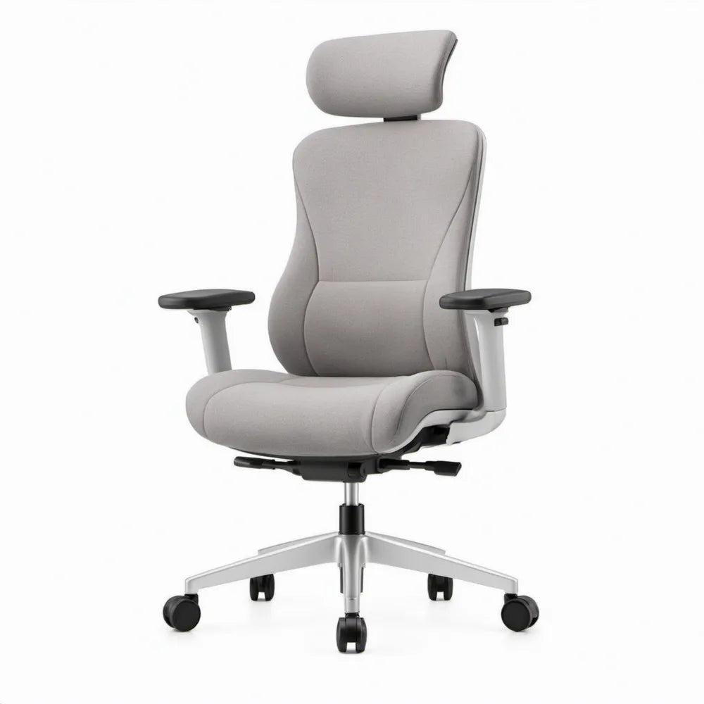 Ergonomische bureaustoel met hoofdsteun, grijs polyester, 68 x 68 x 118-128 cm