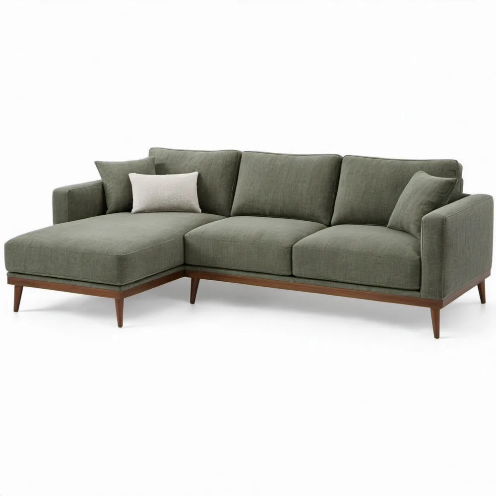 Olijfgroene hoekbank met chaise longue, 260 x 160 x 85 cm, polyester en massief rubberhout