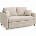 Beige 2-zitsbank van polyester met naturelbruine houten poten, 160 x 90 x 85 cm