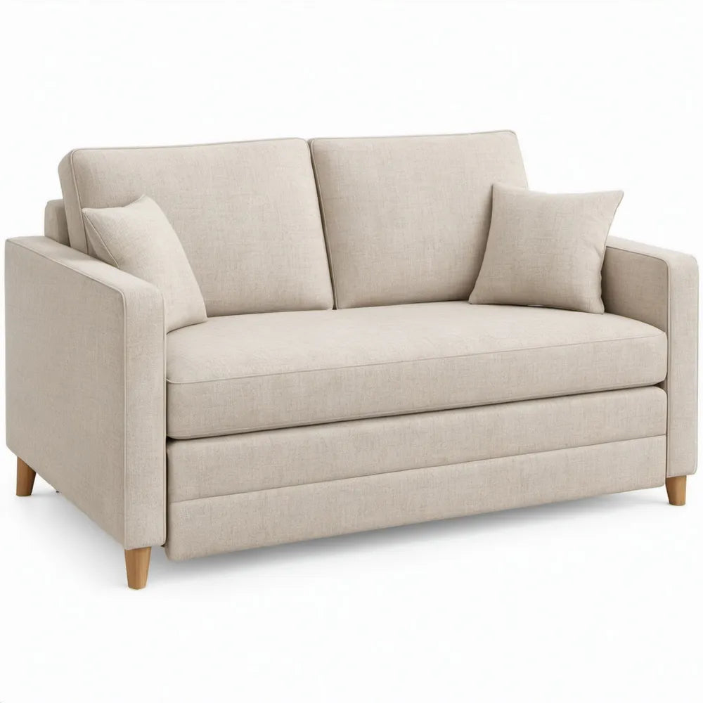 Beige 2-zitsbank van polyester met naturelbruine houten poten, 160 x 90 x 85 cm