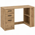 Bureau 120 x 60 x 75 cm met 3 lades en 2 open vakken in naturel eiken met zwarte handgrepen