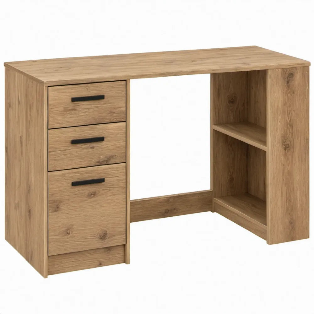 Bureau 120 x 60 x 75 cm met 3 lades en 2 open vakken in naturel eiken met zwarte handgrepen