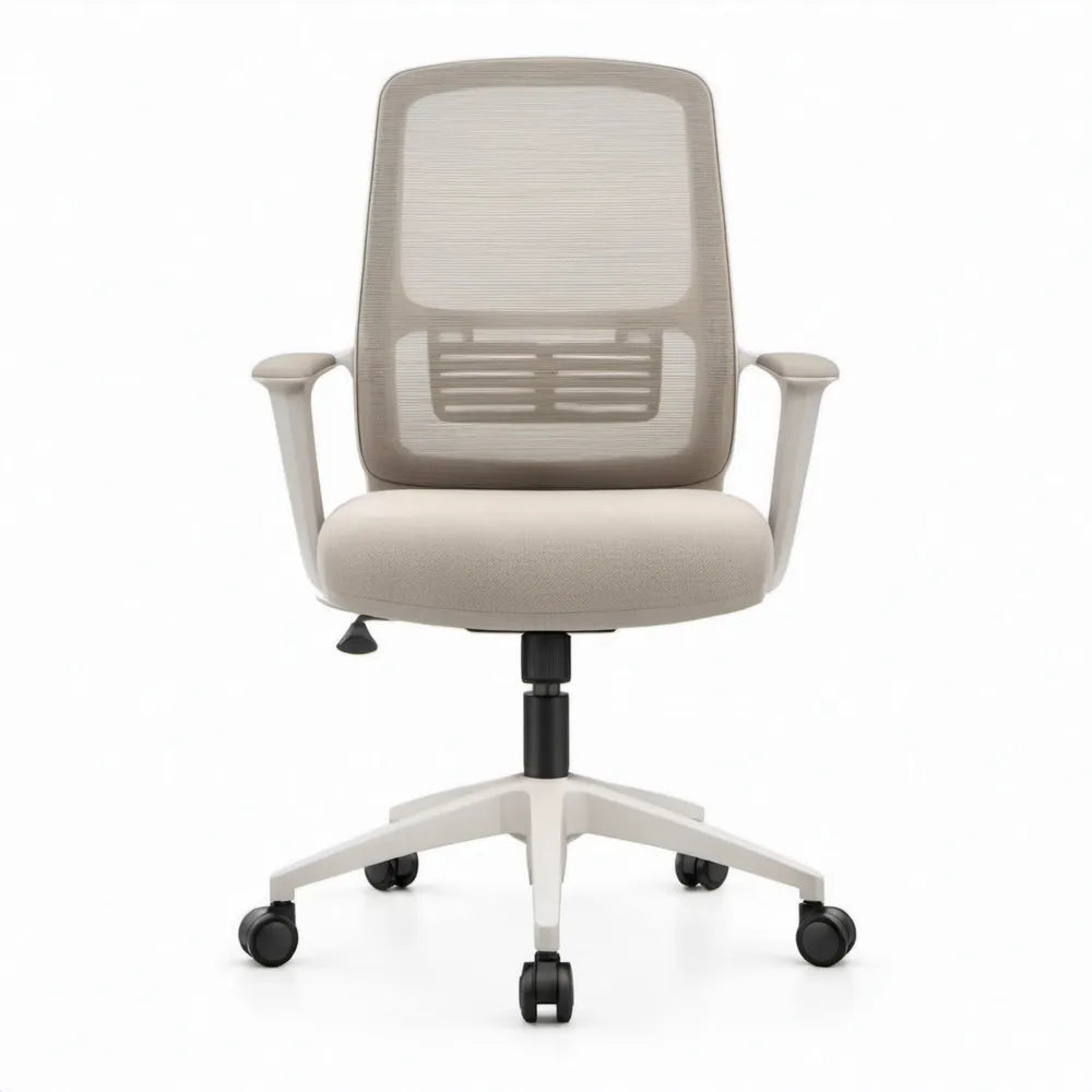 Ergonomische beige bureaustoel met armleuningen en mesh rugleuning, 62 x 62 x 96-106 cm