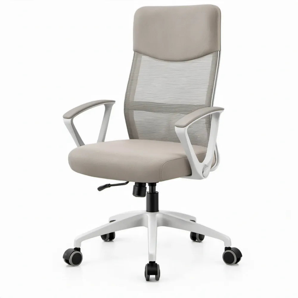 Lichtgrijs-witte hoge rugleuning met netstof, vaste armleuningen en wielen, 64 x 64 x 112-122 cm