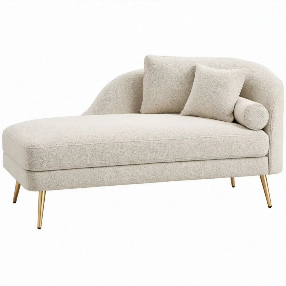 Crèmekleurige chaise longue met rechterarmleuning, bouclé bekleding en goudkleurige poten – 170 x 85 x 82 cm