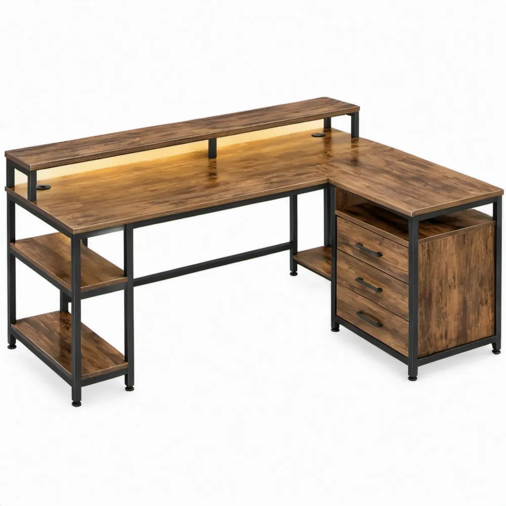 Hoekbureau met 3 lades, opbergplanken en kabeldoorvoeren, 150 x 120 x 93 cm, bruin/zwart