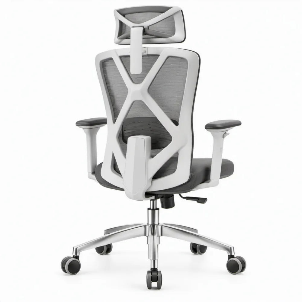 Ergonomische bureaustoel met verstelbare hoofdsteun en armleuningen – Grijs/Wit/Zwart – 66 x 66 x 118-128 cm
