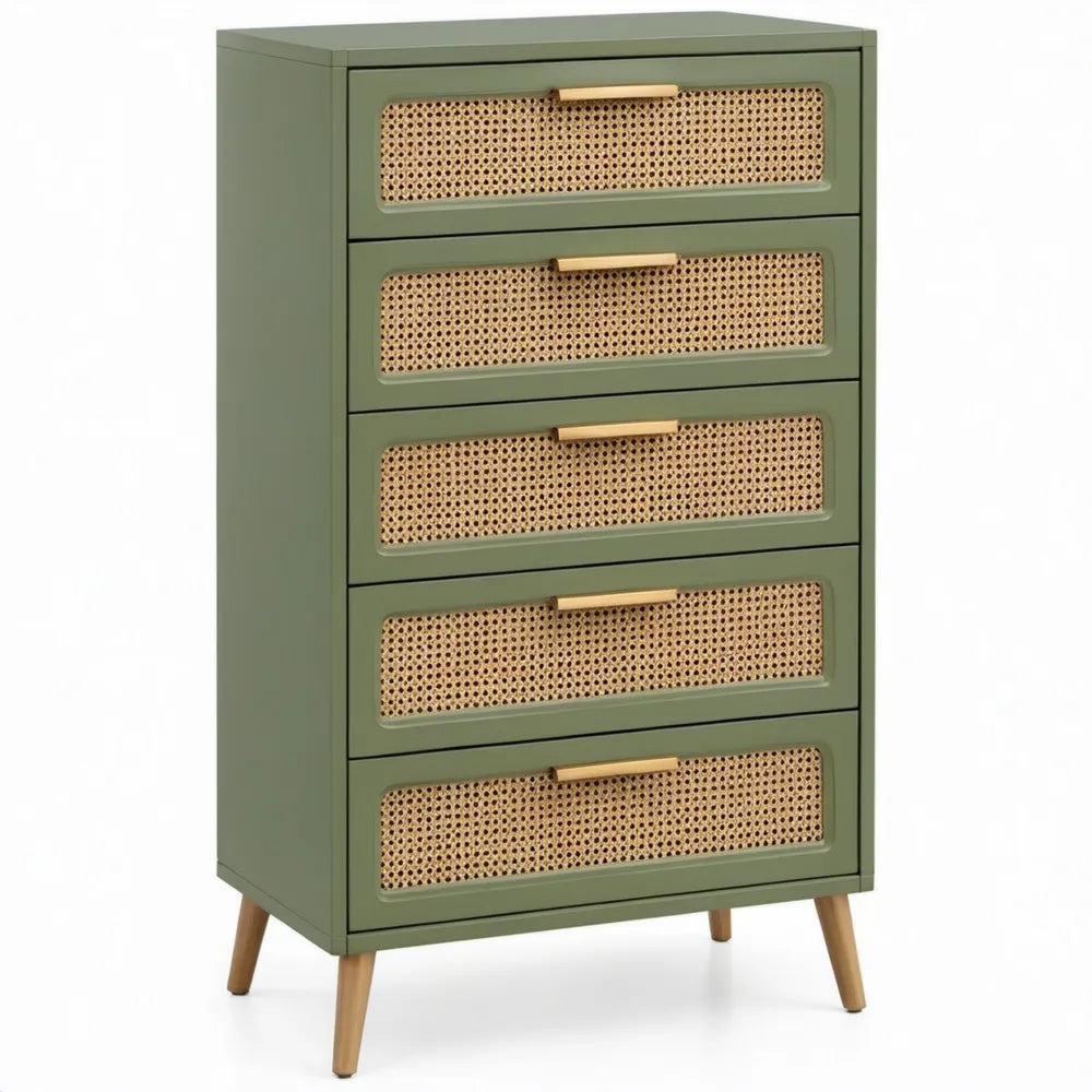 Groene ladekast met 5 laden en rotan fronten, 80 x 40 x 120 cm