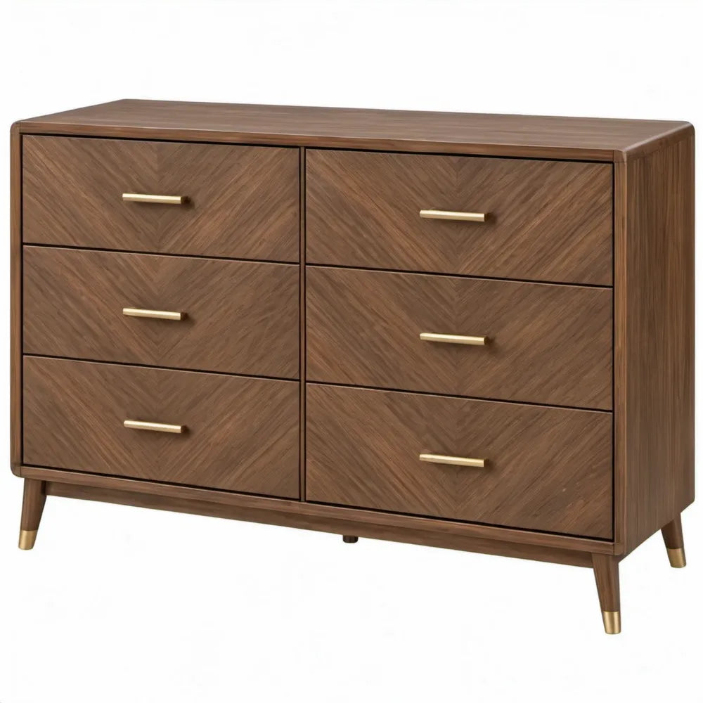 Walnootbruine ladekast met 6 lades, 140 x 45 x 85 cm, MDF met walnootfineer