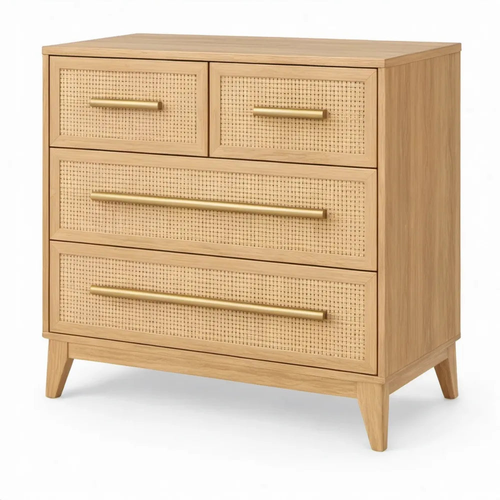Ladekast met 4 laden, 80 x 40 x 90 cm, naturel eiken met beige rotan en goudkleurige handgrepen
