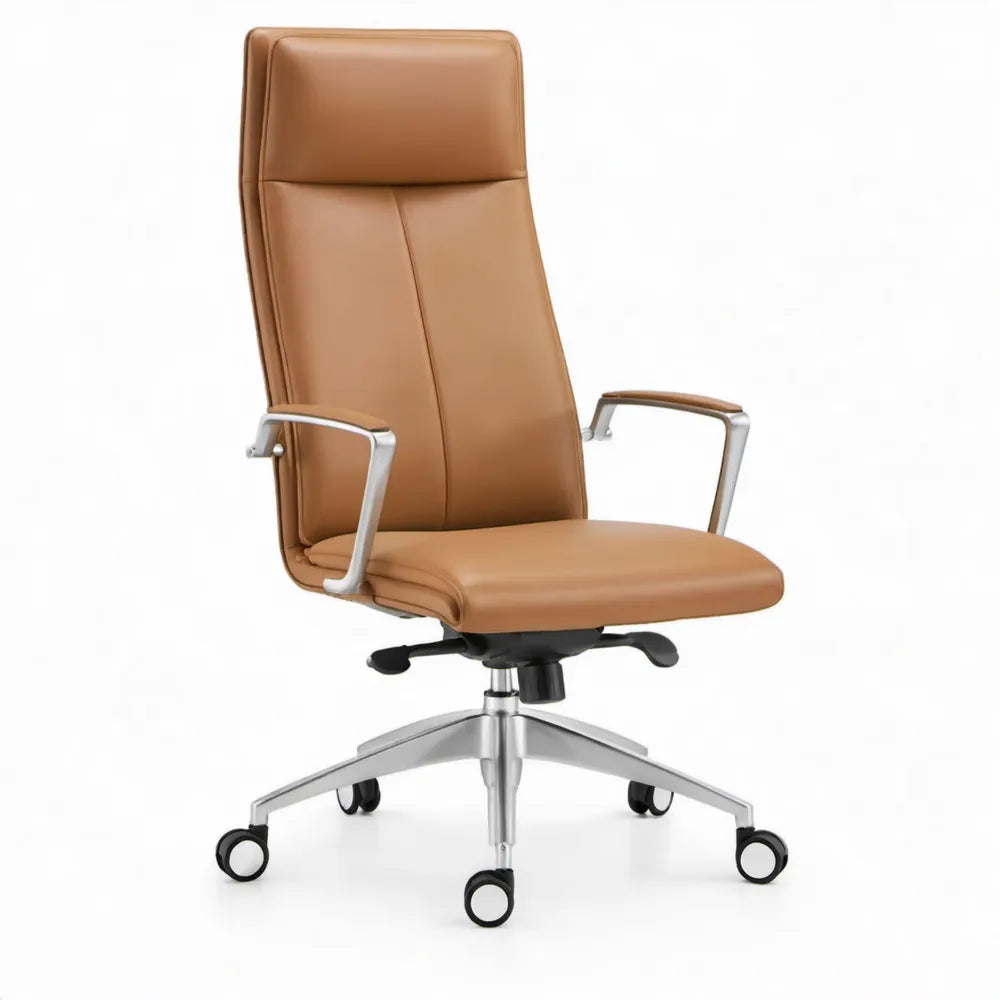 Verstelbare directiestoel met hoge rugleuning, armleuningen en wielen – Cognacbruin/Zilver/Zwart – 68 x 68 x 118-128 cm