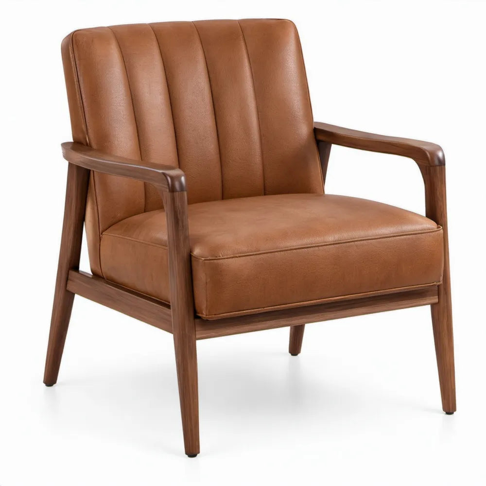 Retro loungefauteuil met armleuningen, 72 x 78 x 88 cm, cognacbruin PU-leer en donkerbruin rubberhout