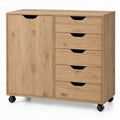 Archiefkast van massief eikenhout met 5 lades, deur en wielen, 80 x 40 x 80 cm, naturel eiken