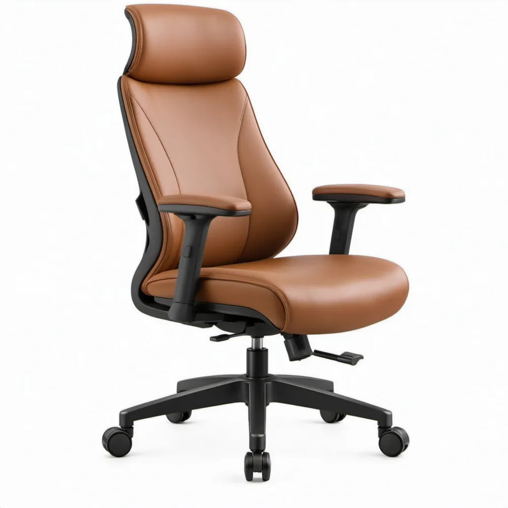 Ergonomische bureaustoel cognacbruin/zwart met hoge rugleuning, hoofdsteun en verstelbare armleuningen, 66 x 68 x 118-128 cm