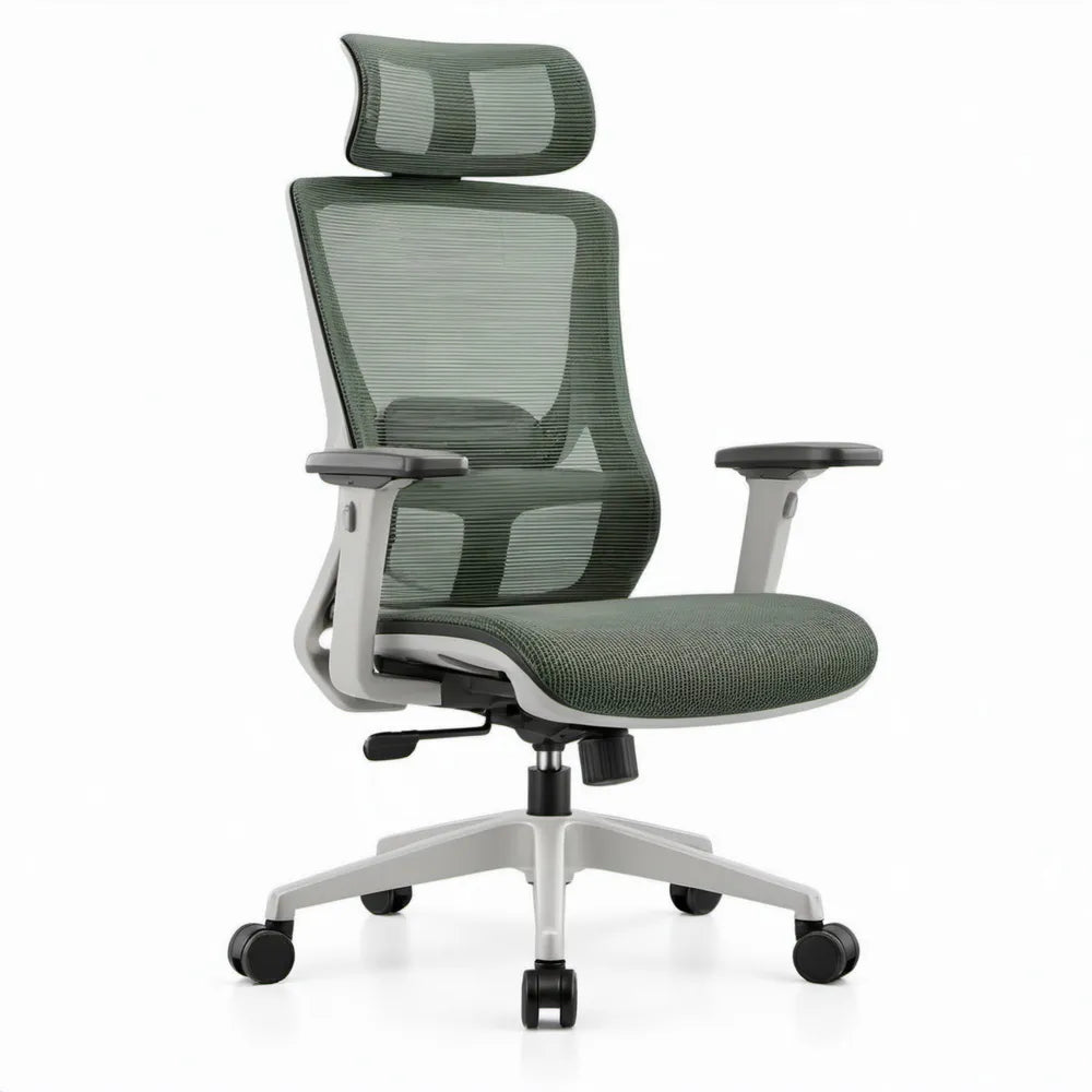 Ergonomisch groen-grijs zitmeubel met hoofdsteun, lendensteun en verstelbare armleggers, 66 x 66 x 118-128 cm